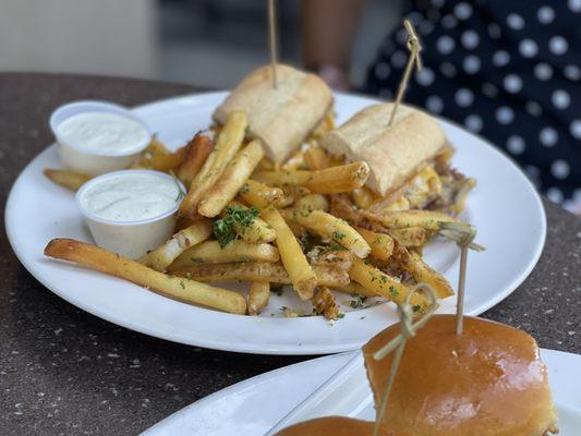 PHILLY CHEESESTEAK and GARLIC FRIES -$14. Super yum!