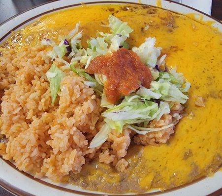 Cheese enchilada, beans w/ cheese, rice.