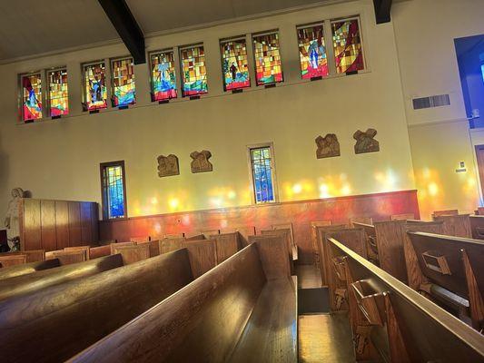 Mysteries of Rosary in windows, before the 8:30 Mass