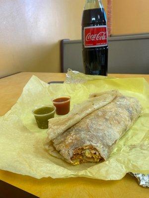 Chorizo, Egg, and Cheese burrito, green and red salsa