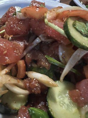 Large Poke- shoyu poke with onion, cucumber, tomato, and spinach