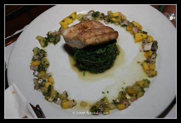 Roasted Mahi-Mahi with garlic spinach and mango cucumber vinaigrette