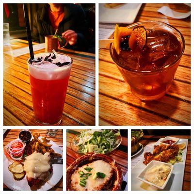 Hibiscus gin sour, walnut fig old fashioned, fried chicken sandwich, onion soup, fried oysters