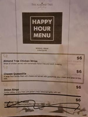 One page of the Happy Hour menu Monday to Friday 3-6 PM