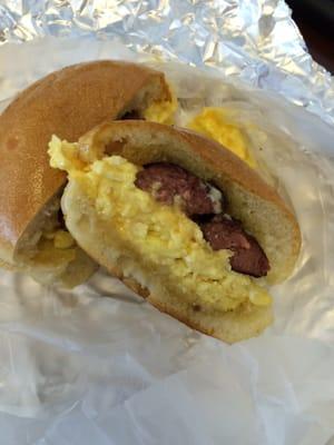 Tasty beef sausage, egg & cheese!