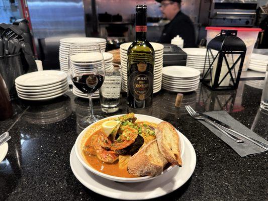 Cioppino with amazing red sauce fresh halibut, muscles, clams, shrimp and crab!