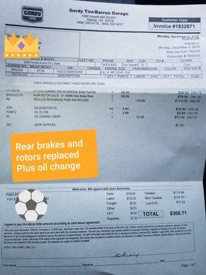 Repair bill for rear rotors and brakes and an oil change for '09 Honda Accord, 4 Cylinder engine