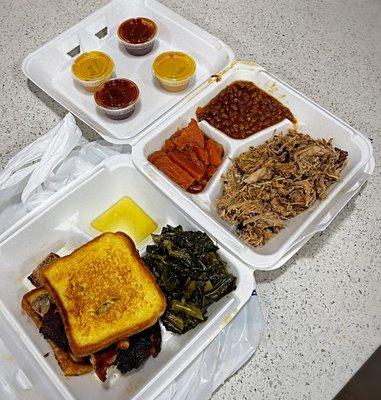 Rib Tip Sandwich with Grandma Collard Greens & Pulled Pork Plate with Candied Yams & Brisket Baked Beans!