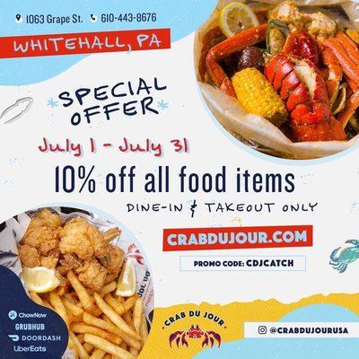 Enjoy 10% off all food items through July 31st Promo code: CDJCATCH #CrabDuJour