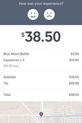 A Miller Lite and a shot of Jameson plus a Blue Moon and a shot of Crown. I tipped $2 but Kelly must've ignored the decimal place...