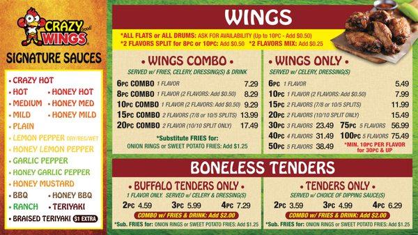 Current Menu - Wings & Boneless Tenders