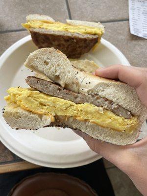 Everything bagel, sausage, egg and cheese