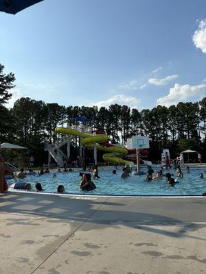 The water slides and basketball pool.