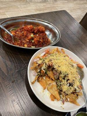 Gobi Manchurian and Aloo Papri Chaat (both partially eaten heh)