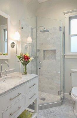 Bathroom remodel - New fixtures vanity tile and  frameless glass -clean and traditional upgrade