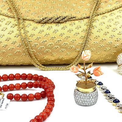 Van Cleef & Arpels Gold evening clutch , Van Cleef Diamond Band & T& Co by Angela Cummings Red Coral Beads only @ frankgiganti.com