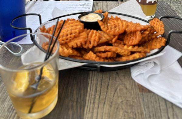 Sweet potato fried, Old Fashion and local beer (not a Bud Light!)