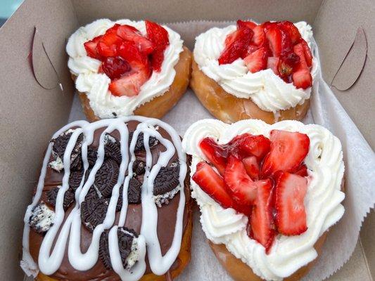 Strawberry heart donuts are like Donut Man's fresh strawberry donuts with a halo of buttercream frosting similar to Danish waffle filling!