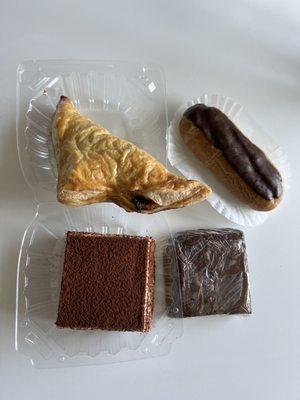 Blueberry turnover, Chocolate eclair, Tiramisu, and Fudge brownie..all very tasty!