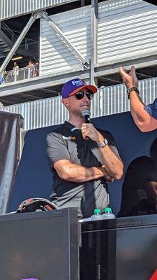 Denny Hamlin being being interviewed before the race in the Toyota Fan Zone.