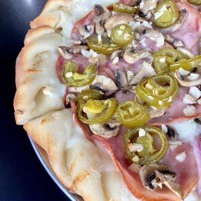 Canadian Bacon, Mushroom, Jalapeno, and Garlic Pizza - The Blind Onion Pizza & Pub