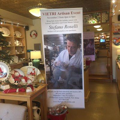 Vietri dinnerware sculptor Stefano Roselli to do an event in November 2, 2016. http://latonas.bridgecatalog.com/chalkboardmobile.cfm?id=7375