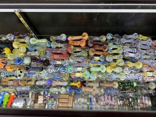 One of the cases with assorted glass pieces