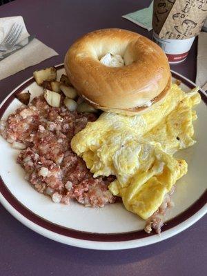 Corned beef hash with scrambled eggs