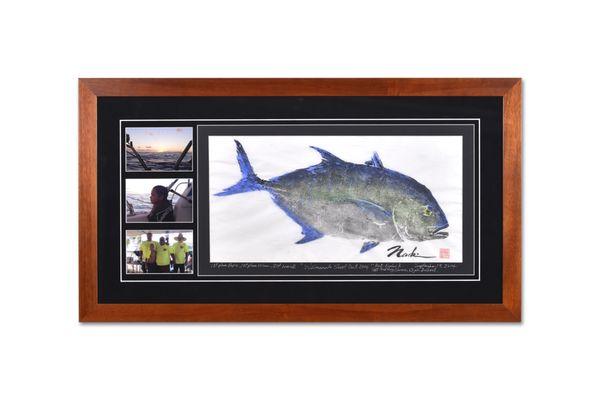 Custom framed gyotaku and fishing tournament photos