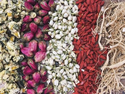 Chrysanthemum flowers, Rose Buds, Jasmine Buds, Goji Berries, and Ginseng; for our specialty teas!