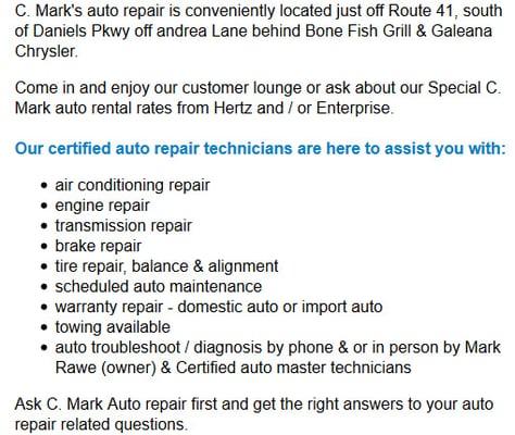 List of Auto Repairs - Call Now for Competitive Quote- Stop by for Mechanics estimate