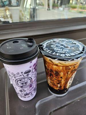 taro smoothie $6.25 with grape boba $0.88 extra....messy brown sugar milk boba tea $5.65 and make it huge $0.88 extra...