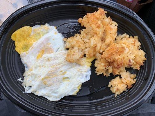 Momma's Pancake Breakfast: 2 eggs overhard with 2 sides of hash browns