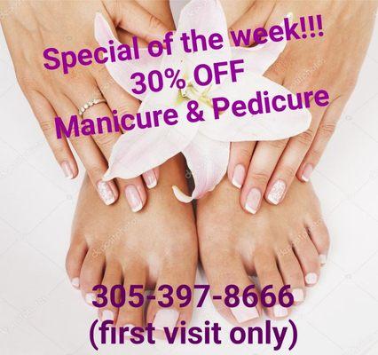 Special offers for a first time clients 
Mani & Pedi services 30% OFF