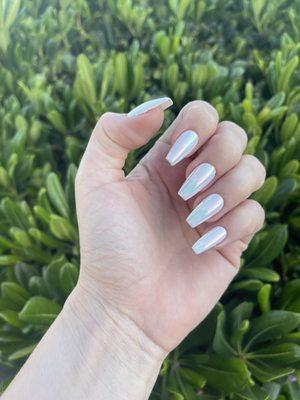 Chrome coffin nails over white