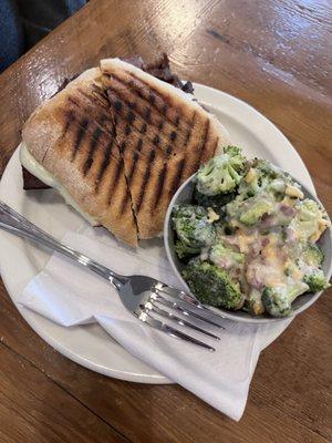 Roast beef panini with side broccoli salad