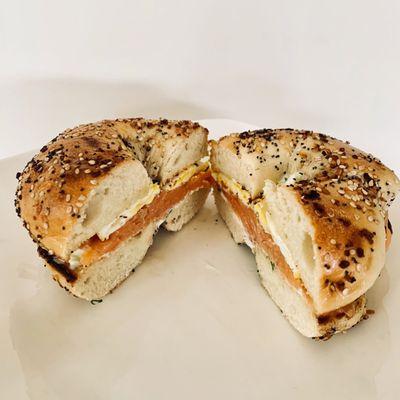 Everything bagel with smoked salmon, egg, and scallion cream cheese Instagram: @angelaisafoodie