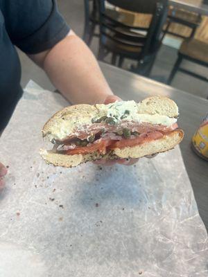 Lox, cream cheese, capers, and onions