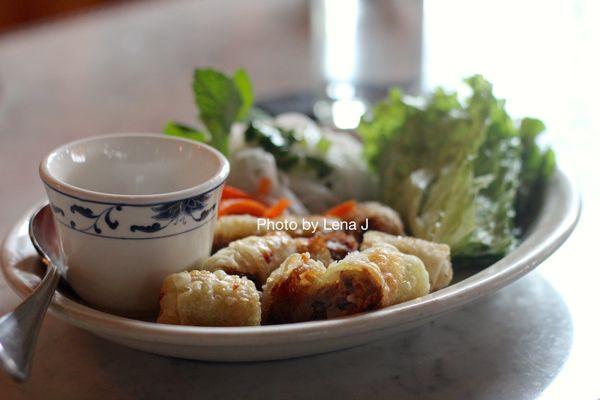 Crispy Imperial Rolls ($11.50) - pure country pork, white prawn, mushroom, fresh mint, nước chấm