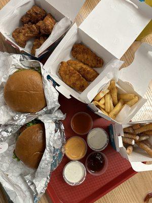 The whole spread! 2 chicken sandwiches, 3pc chicken tenders, 6pc wings, fries and funnel fries