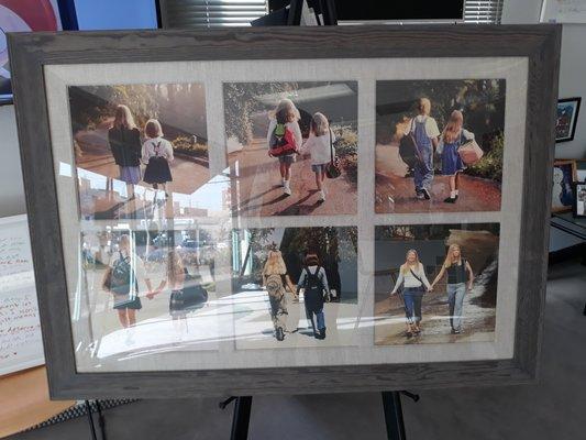 This is a project I designed...custom framing...sisters when they were starting kindergarten up to when they were 12.The dad took photos.