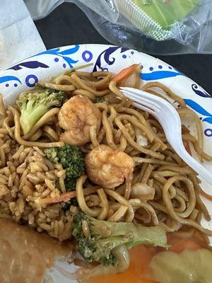 Shrimp lo mein, fried rice