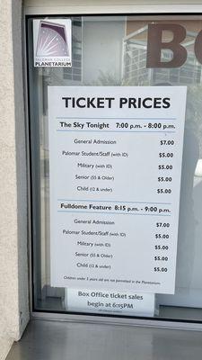 Outside: posted ticket prices as of 10/2023