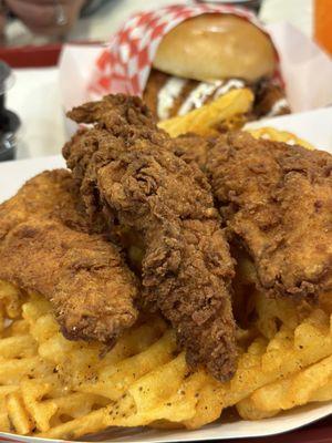 3 piece chicken strips and waffle fries.