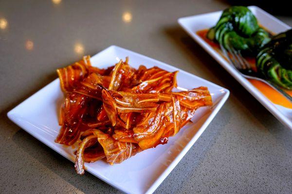 Braised Pig Ear (卤猪耳) ($6.95). Sweet & Sour Cucumber (甜辣小黄瓜) ($6.95).