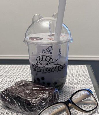 Brownie and taro milk tea with boba