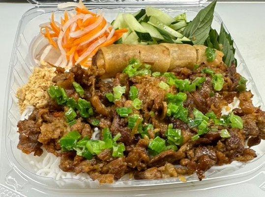 Grilled Pork Combination plate with vermicelli noodles and spring roll