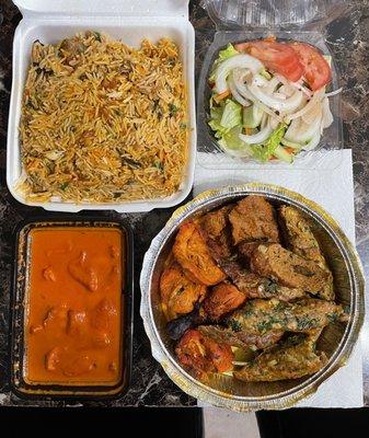 Chicken biryani, Chicken Tikka Masala, and Mixed Grill