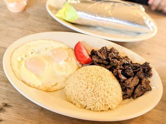 Lamb tocino, two eggs over easy, garlic rice