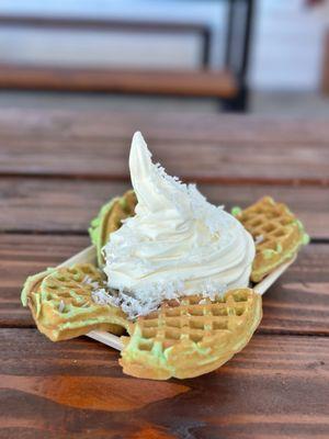 Waltle Special- Coconut Pandan Waffle w/ Vanilla Ice Cream Topped w/ Coconut Shavings